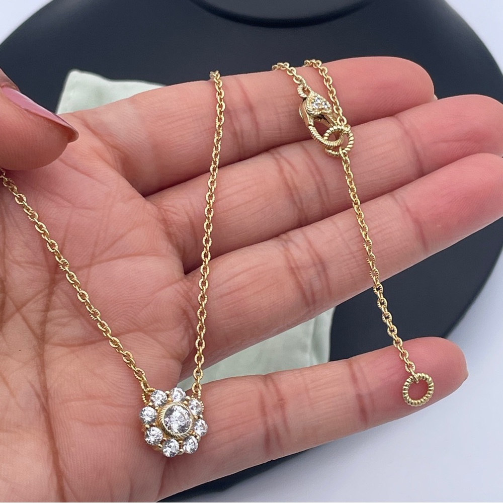 Judith Ripka CZ Flower Pendant Necklace 18K Gold Clad 925 CZ Cluster 18” to 20”